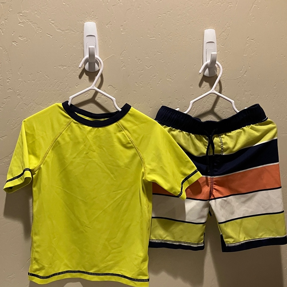 EUC Old Navy Boys 4T Swim Rashguard & Trunks Set Yellow and Multicolor Stripes